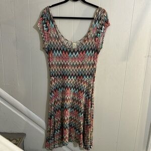 Boho American Rag Chevron Multicolor A-Line Dress, Short Sleeves, Midi - Size M